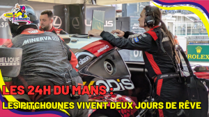 Les Pitchounes aux 24H du Mans avec les pilotes et les équipes de mécaniciens de la team Akkodis-Asp