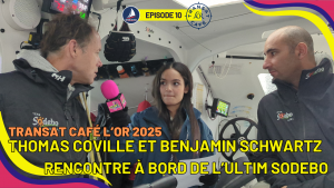 Une photo symbolique de cette belle rencontre avec Thomas Coville et Benjamin Schwartz à bord du Sodebo Ultim.