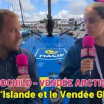 Sam Goodchild, skipper de MACIF Santé Prévoyance, interviewé par une jeune reporter de Media Pitchounes avant le départ de la Vendée Arctique 2026.