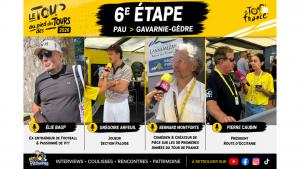 pierre caubin, gregoire arfeuil, elie baup et bernard montforte au micro des pitchounes sur cette 6eme etape du tour de france