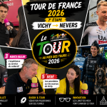 Image de mise en avant de la 7e étape du Tour de France 2026 entre Vichy et Nevers avec Tim Wellens, Alex Baudin, Marco Haller, la brigade cynophile et Dédé.