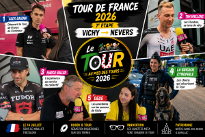 Image de mise en avant de la 7e étape du Tour de France 2026 entre Vichy et Nevers avec Tim Wellens, Alex Baudin, Marco Haller, la brigade cynophile et Dédé.
