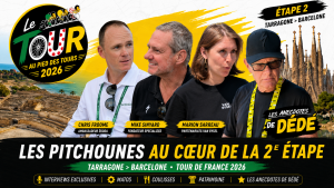 Les Pitchounes interviewent Chris Froome et Mike Sinyard lors de la deuxième journée du Tour de France 2026 entre Tarragone et Barcelone.