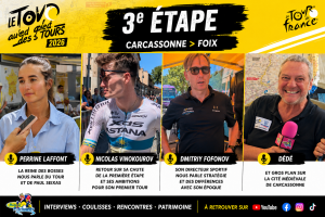 Les Pitchounes vivent la 4ᵉ étape du Tour de France 2026 entre Carcassonne et Foix avec Perrine Laffont, Nicolas Vinokourov, Dmitriy Fofonov et une immersion dans la cité de Carcassonne.