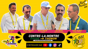 Image de mise en avant du contre-la-montre Évian-les-Bains – Thonon-les-Bains du Tour de France 2026 avec Bernard Hinault, Loïc Chetout, Florian Vuillaume, Fabrice Rigobert et Michel Gélize interviewés par Les Pitchounes.