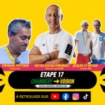 Affiche de l'étape 17 du Tour de France 2026 entre Chambéry et Voiron avec Matxin Joxean Fernandez (UAE Team Emirates), Vincent Lavenu, Emmanuel Pottiron, Jacques et Arthur de la caravane IBIS ainsi qu'André Bancala.