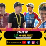 Affiche de l'étape 18 du Tour de France 2026 entre Gap et l'Alpe d'Huez avec Cadel Evans, Ion Izagirre, Addy Engels, Clément Braz Afonso, Ewen Costiou et André Bancala.