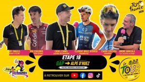 Affiche de l'étape 18 du Tour de France 2026 entre Gap et l'Alpe d'Huez avec Cadel Evans, Ion Izagirre, Addy Engels, Clément Braz Afonso, Ewen Costiou et André Bancala.