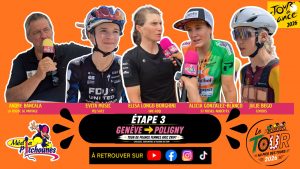Étape 2 du Tour de France Femmes avec Zwift 2026 entre Aigle et Genève avec André Bancala, Évita Muzic, Elisa Longo Borghini, Alicia González-Blanco et Julie Bego.
