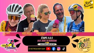 Image de présentation des étapes 4 et 5 du Tour de France Femmes avec Zwift 2026 en Bourgogne avec Ema Comte, André Bancala, Shari Bossuyt, Christian Prudhomme et Célia Géry.