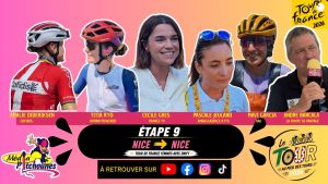 Affiche de l'étape 9 Nice - Nice du Tour de France Femmes avec Zwift 2026 avec Cécile Grès, Mavi Garcia, Titia Ryo, Amalie Dideriksen, Pascale Jeuland et André Bancala.